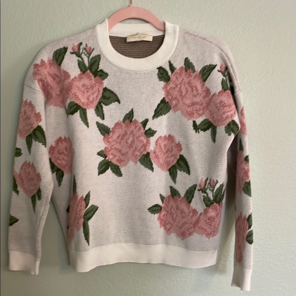 Sezane Pink and White Crew Neck Sweater with Floral Design